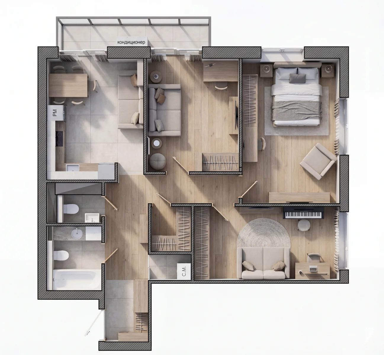 3D-планировка трёхкомнатной квартиры 77 м²